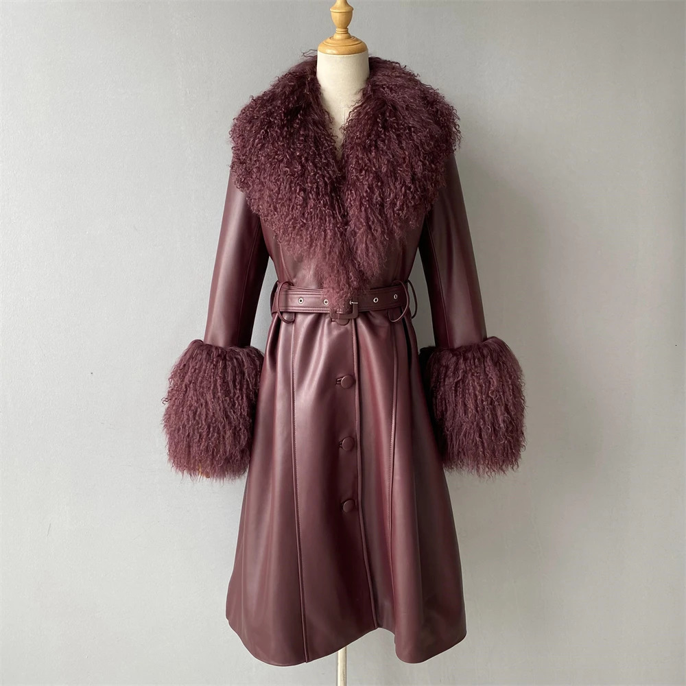 Jaxmonoy Womens Real Leather Coats with Mongolian Sheep Fur Collar Ladies Autumn Winter Long Style Sheepskin Coat 241216