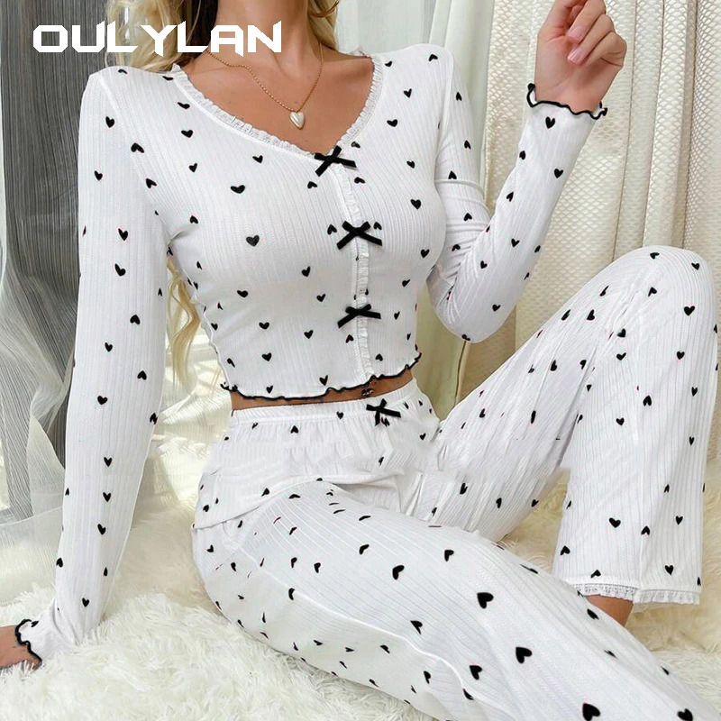 Elegant White Ribbed Print Pants Sets Pajamas Women Knitted V-Neck Loose Tops Autumn Elastic Long Pants Sleepwears Vintage 241217