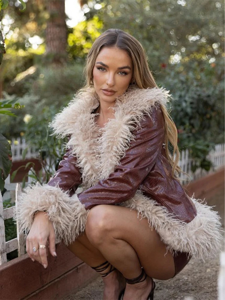 Fashion Brown Faux Fur Patchwork Leather Glossy Coat Female Chic Long Sleeves Thick Warm Jacket Winter High Street Outwear 241216