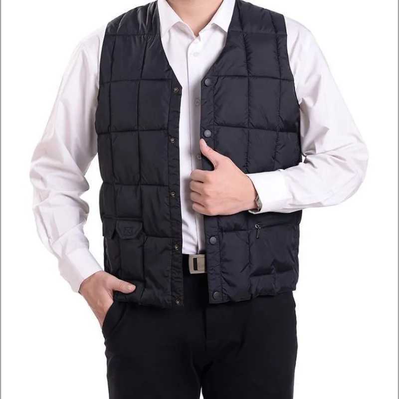 Mens Down Vest Jacket Winter Warm Sleeveless Tops Thickened Wear-resistant Zipper Coat Solid Lattice V-neck Loose VestsXJ241221