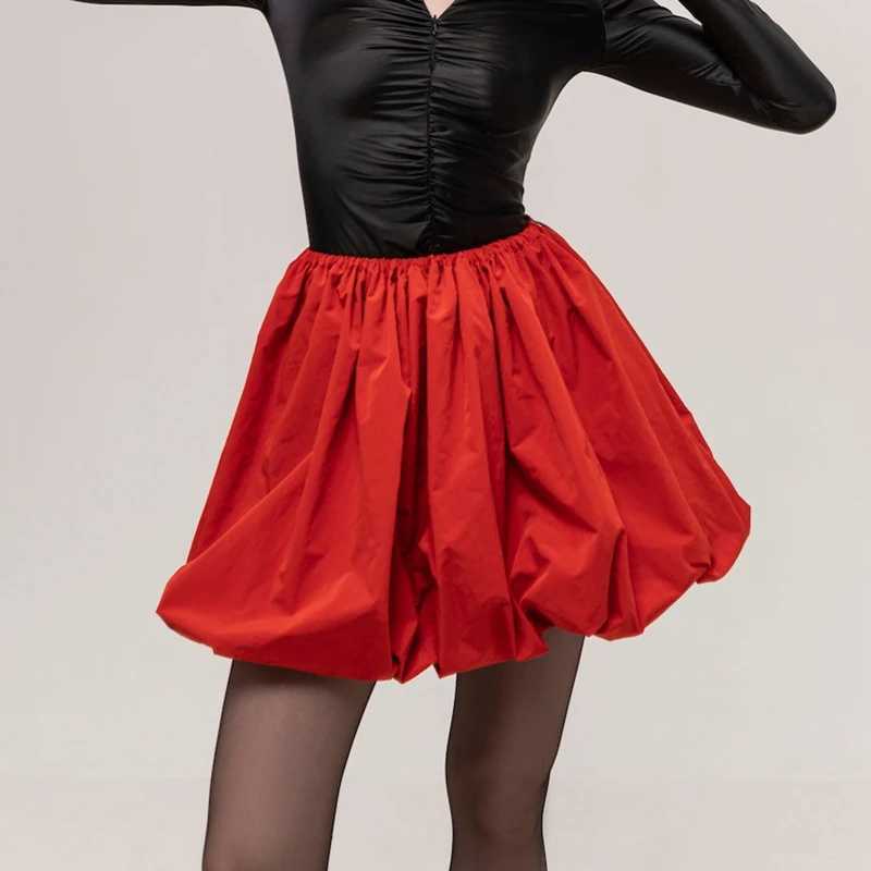 Y2K Vintage Loose Fitting Elastic Waist Short Lantern Skirt Casual Solid Color oon A-line Skirt Women Puff Mini SkirtsXJ241221