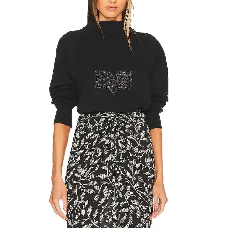 New Women's Black Cotton Sweatshirt Sier-Tone Foiled Sweatshirt Female New Autumn Winter Women Tops