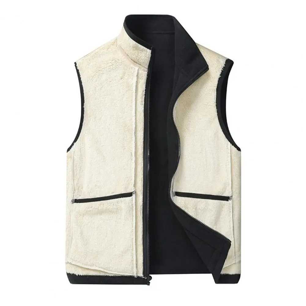 Winter Men Vest Stand Collar Neck Zipper Closure Thick Plush Warm Windproof Soft Plus Size Cardigan WaistcoatXJ241221