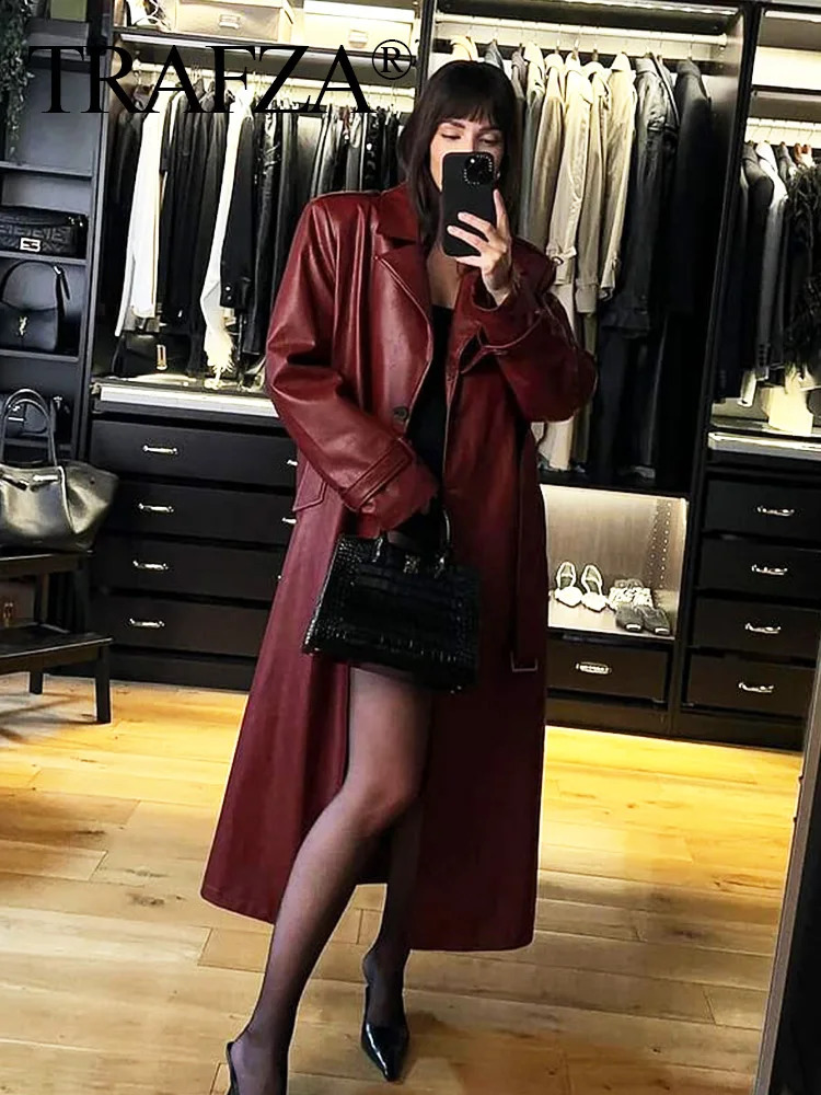 TRAFZA Women Burgundy Faux Leather Maxi Long Trench Coat Elegant Lapel Sleeve Jackets with Belt Female Fashion Outerwear 241216