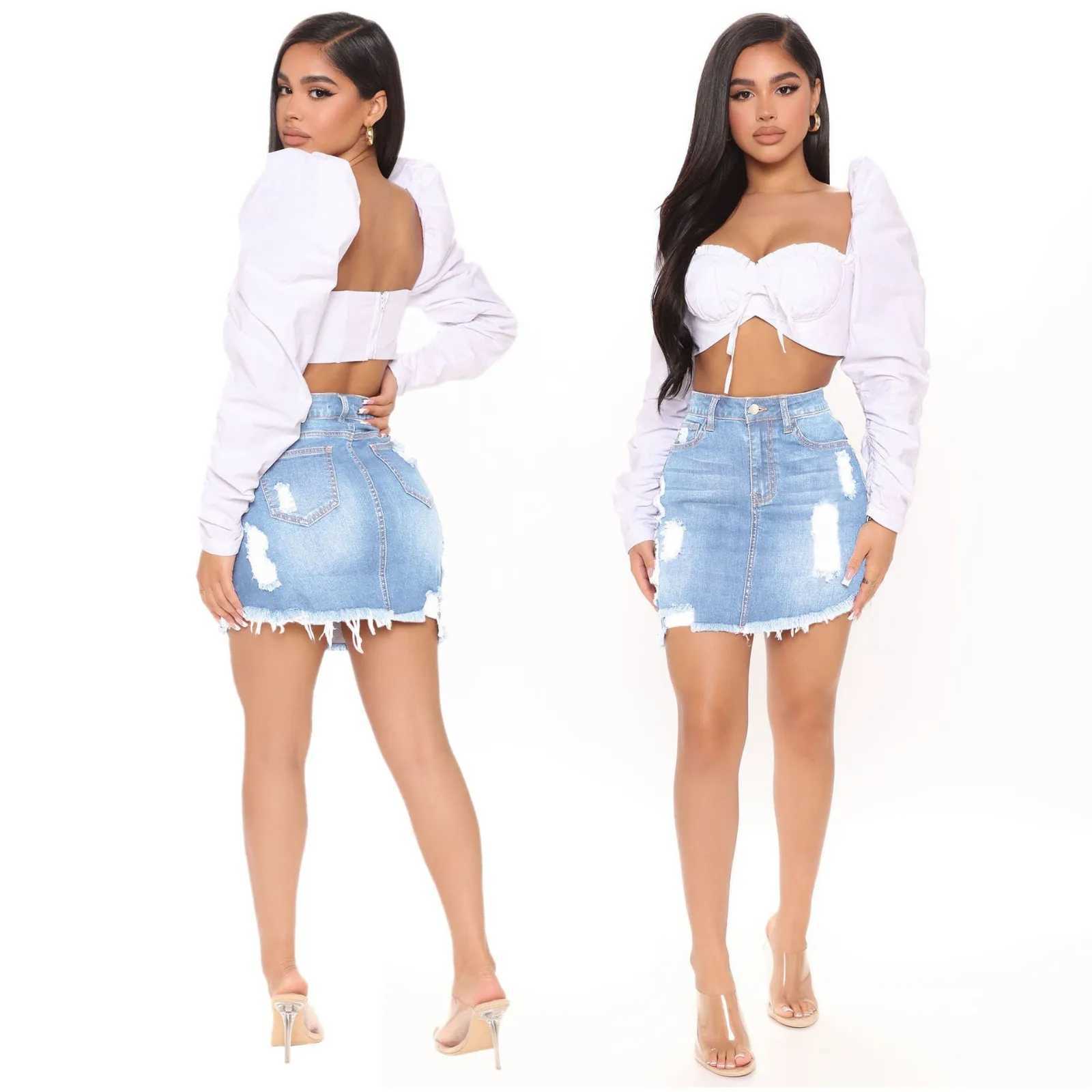 2023 Short Skirt Summer High Button Denim Casual Waist Women Hole Tassel Denim Saia Jeans Mini Skirt Pocket SkirtXJ241221