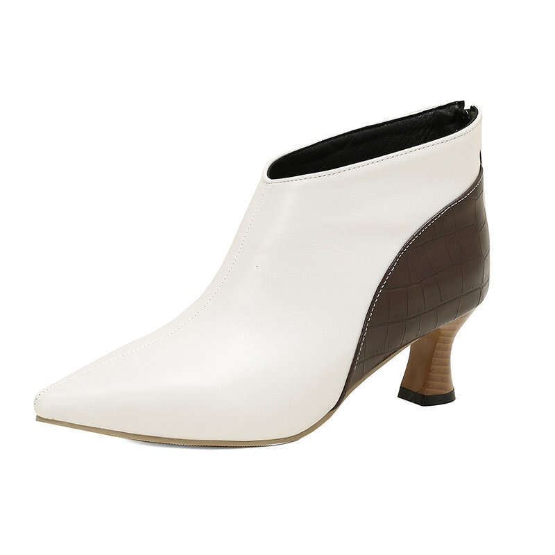 Spring And Autumn French Pointed Wood Grain Fine Ankle Boots Temperament Color Blocked Back Zipper Women's High Heels Single Shoes