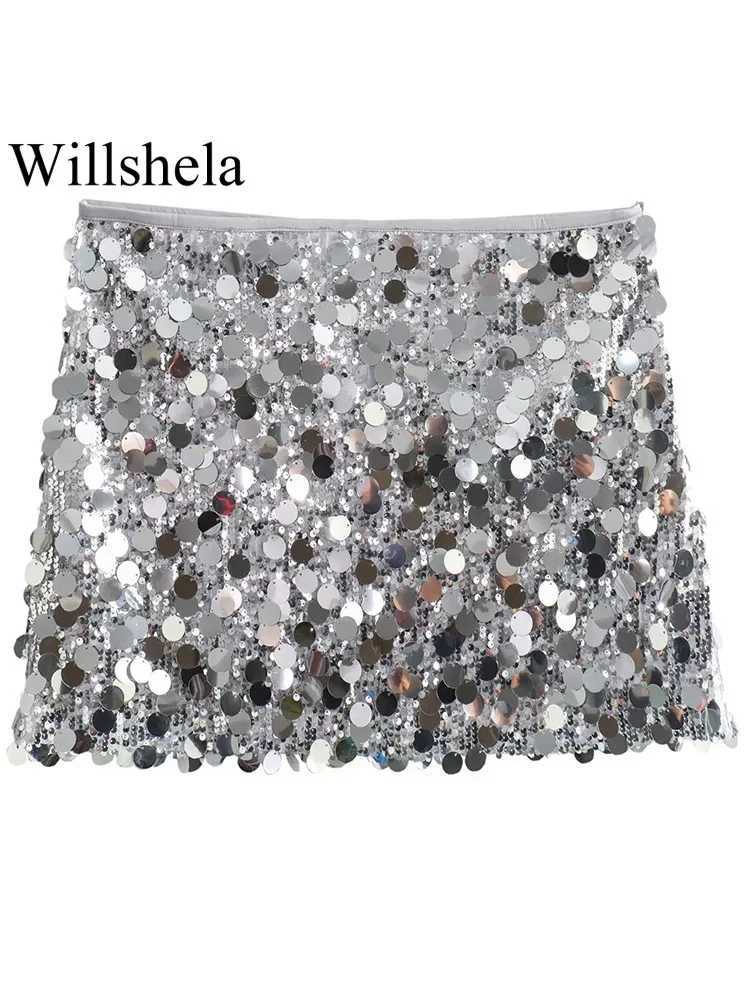 Willshela Women Fashion With Sequined Solid Side Zipper Mini Skirt Vintage High Waist Fe Chic Lady SkirtsXJ241221