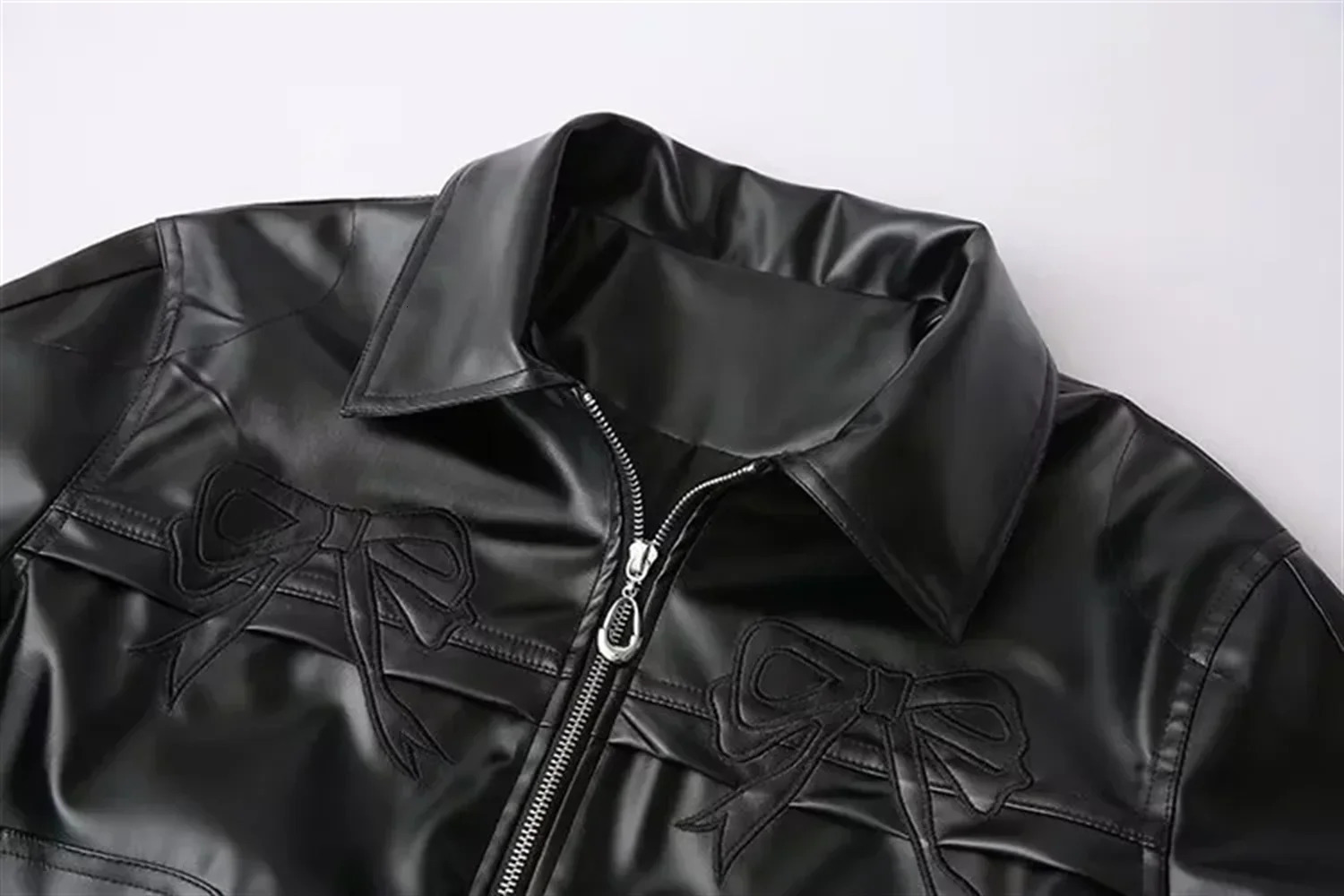 Sweet and cool bow tie leather jacket for women autumn winter n casual black 241216