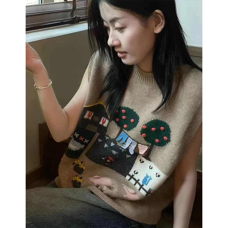 100% cashmere waistcoat womens highend shirt folded Piglet sweater ed round neck sleeveless knit vest 241218