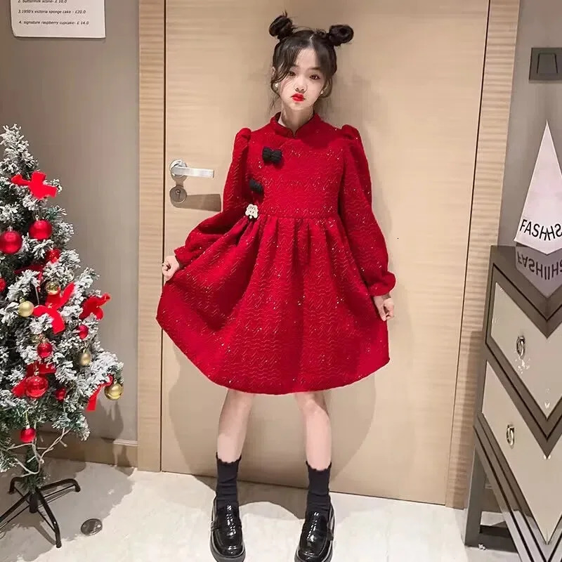autumn winter Kids Girls solid retro red Cheongsam Qipao Princess Teens Year Dresses wool velvet Clothes 8 10 12 year 241220