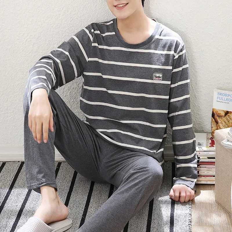 Mens sleepwear set long sleeved T-shirt+pants 2PCS set striped sleepwear for spring and summer comfortable sleepwear mens casual home wear W241221