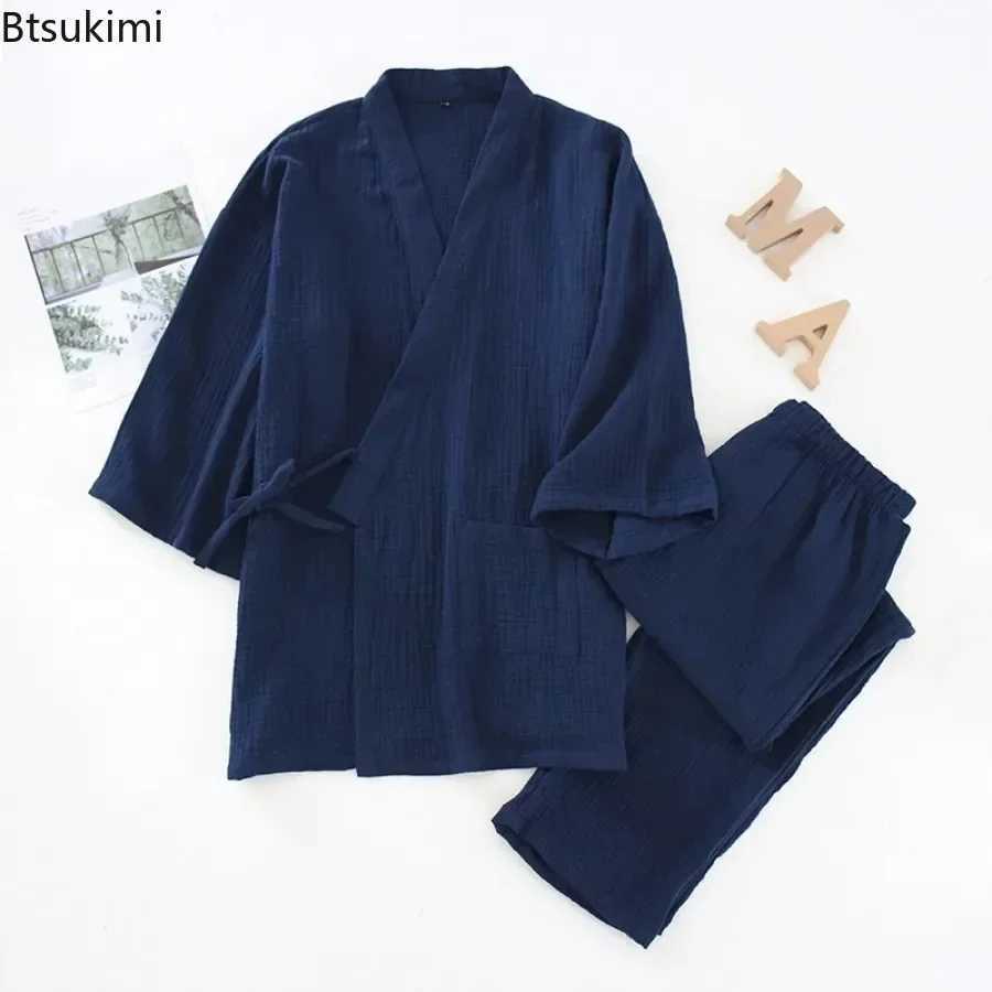 2025 mens cotton pajamas loose bathroom V-neck kimono pajamas one-third set lace top+mens casual pants set W241221