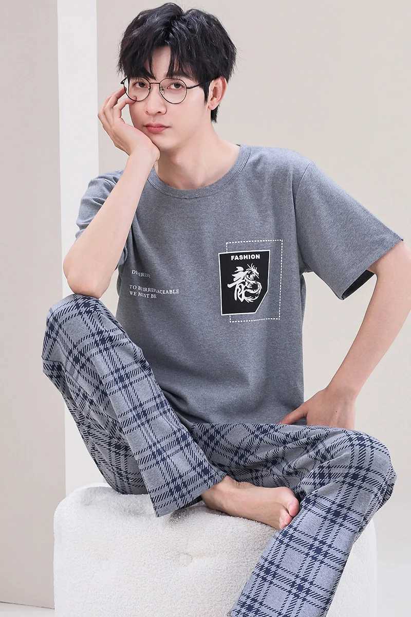 SUKAE Elegant Mens Sleepwear Summer Knitted Cotton Casual Sleepwear Mens O-neck Short sleeved Pants Sleepwear Set W241221