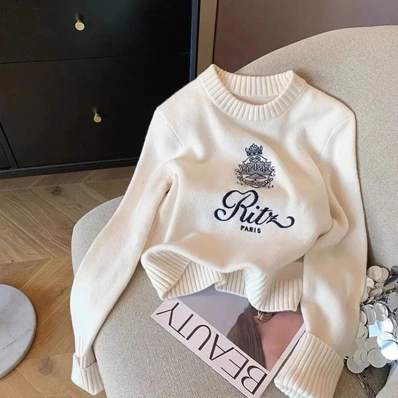 Letters Embroidery Pullover Sweater Spring/Summer Womens Round Neck Long Sleeve Knitted Jumper Womens Casual Top 241219