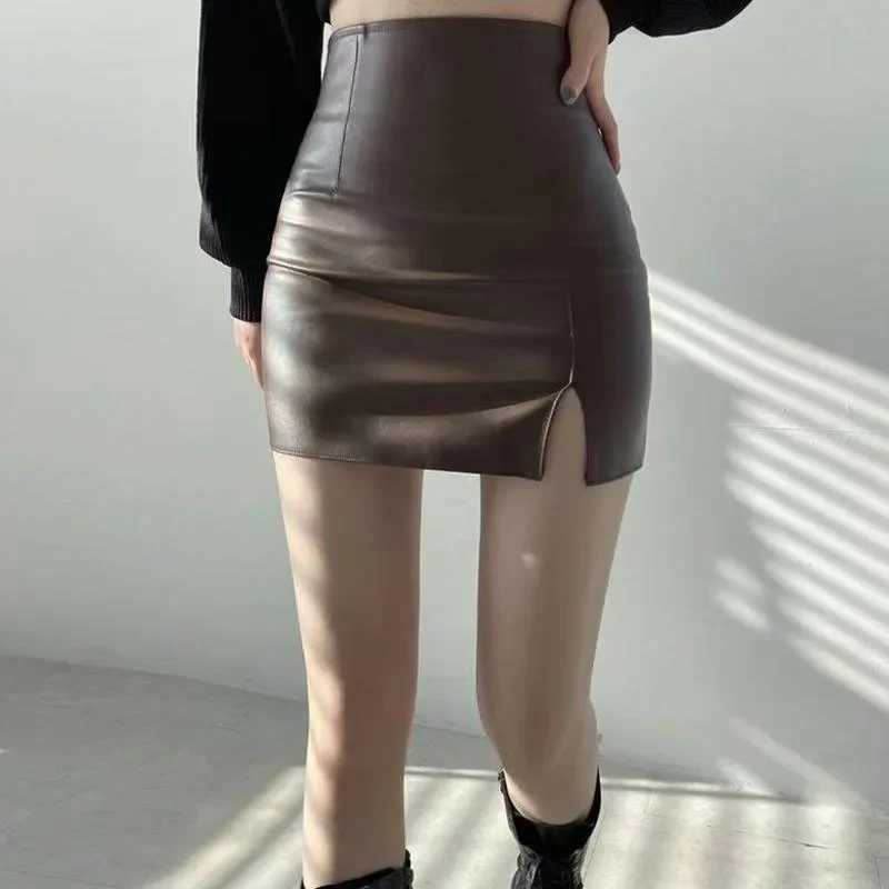 Smvp Balck PU Leather Mini Skirt Women Sexy Skinny High Waist Side Split Hip Skirts Autumn New Korean Office Lady Short SkirtXJ241221