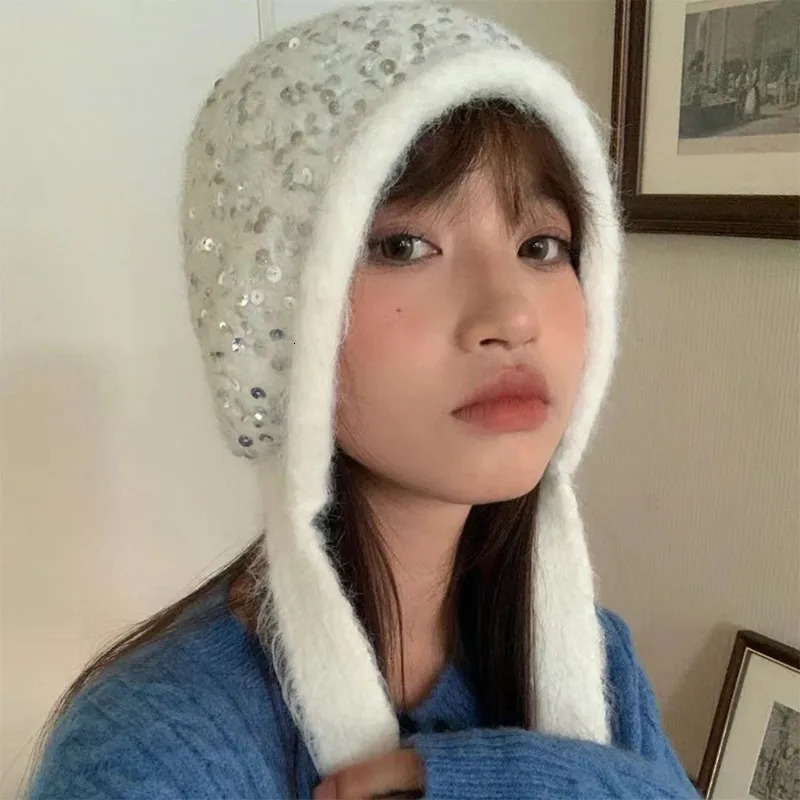 Ins Sequined Pullover Beanies Cap for Women Autumn and Winter Warm Versatile Ear Protector Cute Lace-up Knitted Hat 241214