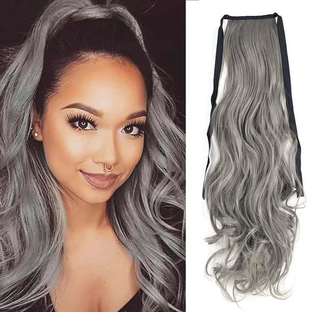 Jeedou Synthetic Ponytails Gray Color Long Straight Wavy Hair Ribbon Drawstring Ponytail Hair Extension HairpieceXJ241221
