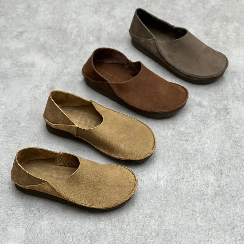 Johnature Retro Womens Genuine Leather Shallow Flat Shoes 2024 Handmade Soft Bottom Casual Round Sole Solid Color Loafers 241213