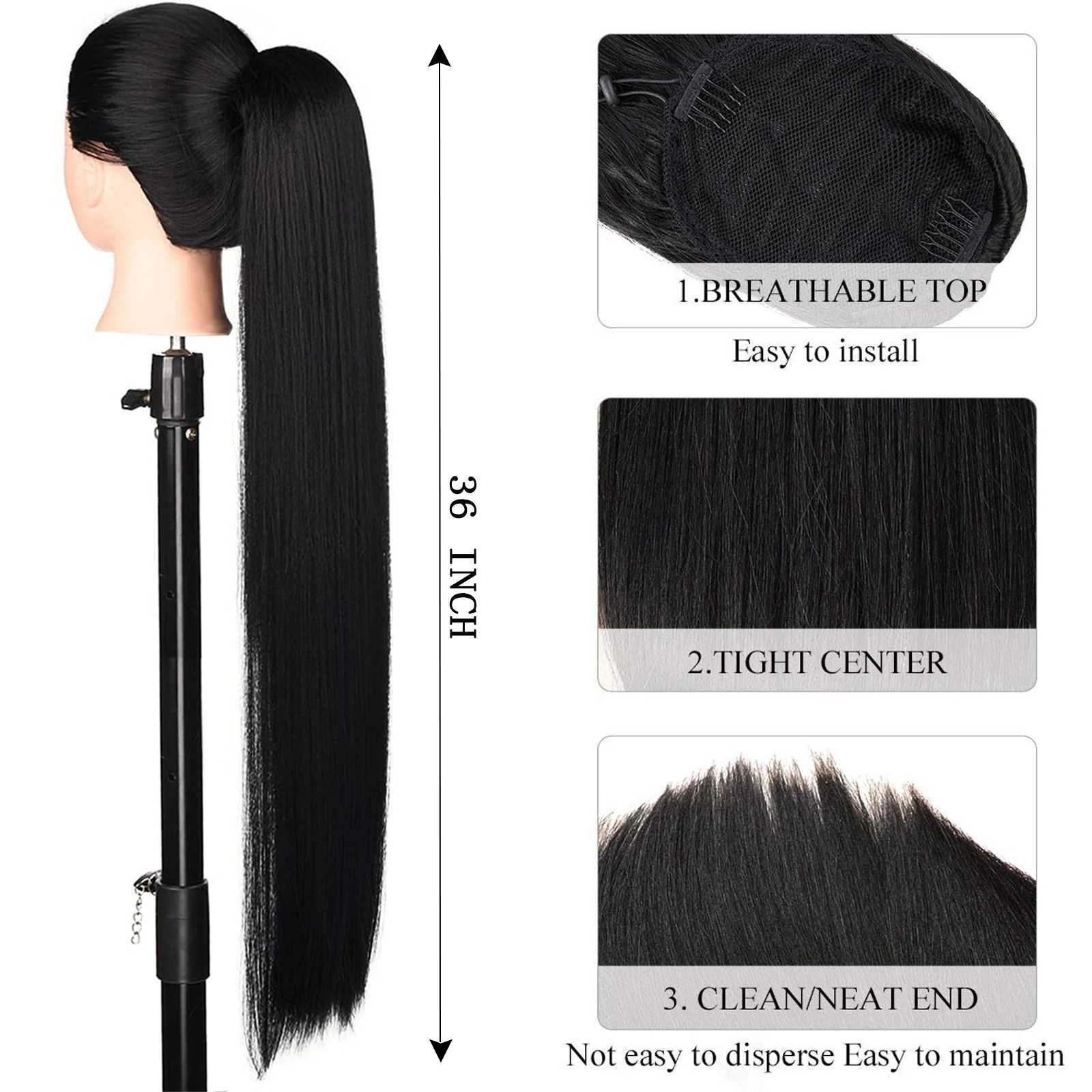 Teresahr Synthetic 36 inch Ponytail Extension Half Yaki Drawstring Ponytail Black Long Kinky Straight 50% Yaki Pony TailsXJ241221