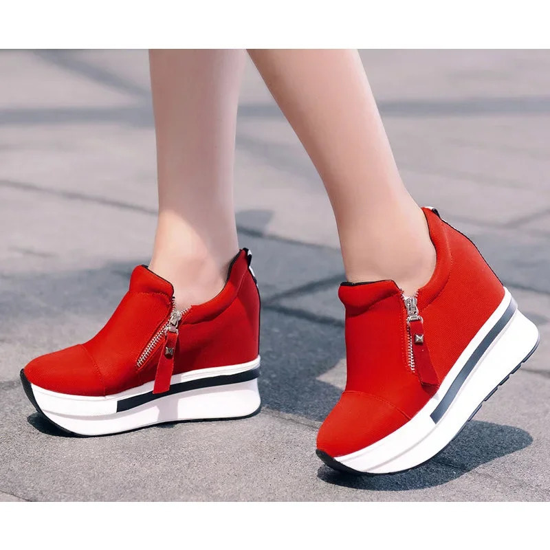 Platform Sneakers Womens Red Casual Comfortable Hidden High Heels Black Canvas Shoes Wedge High Heels Sneakers Sports Shoes Tenis De Mujer 241213