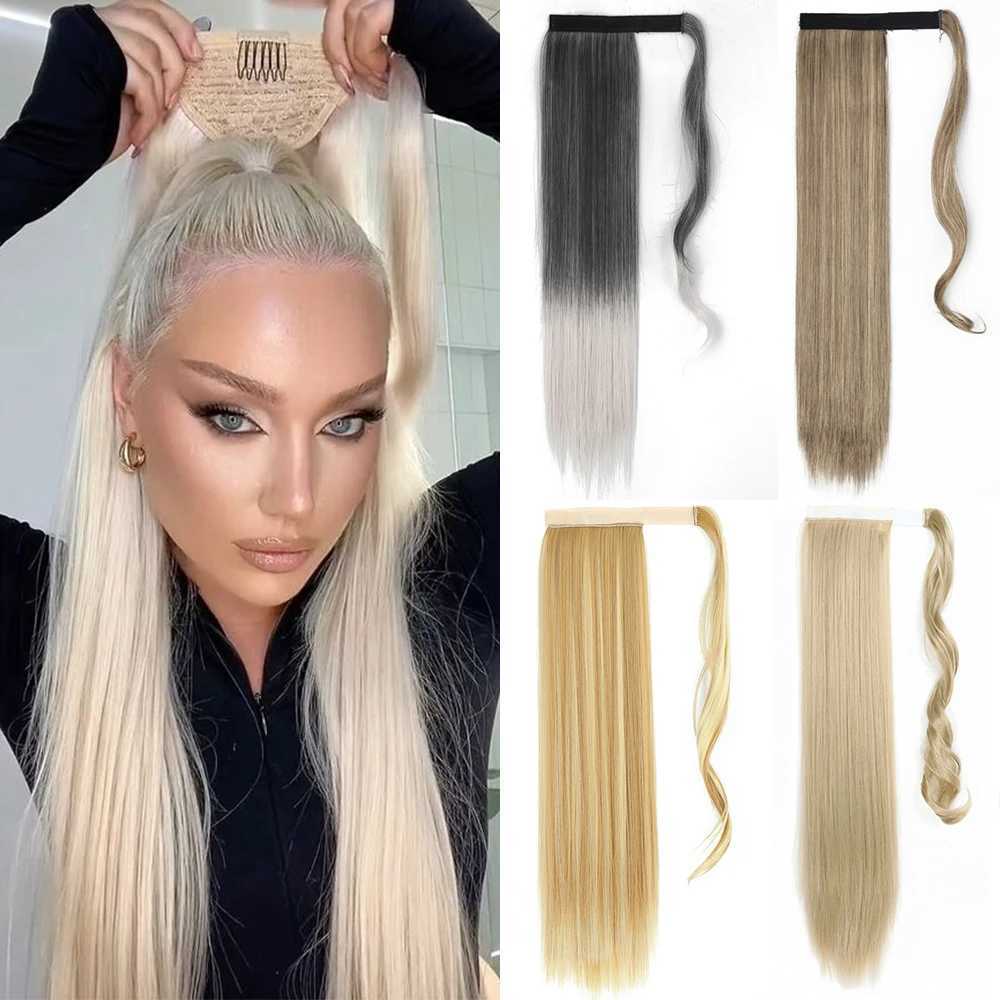 Synthetic 22 34 Long Straight Wrap Around Ponytail Clip In Hair Extension Blonde Brown Heat Resistant Pony Hairpiece For WomenXJ241221