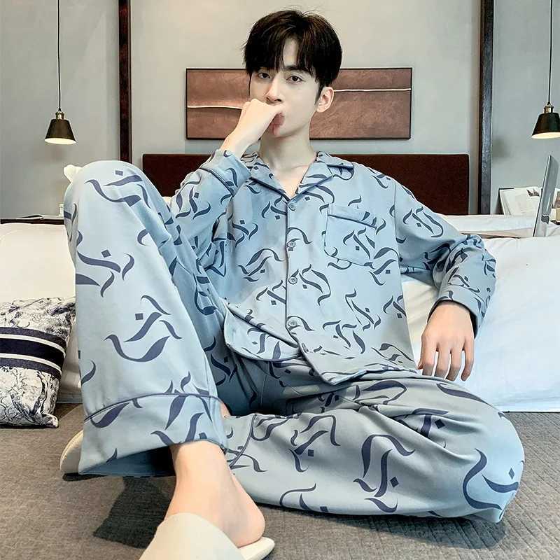 3XL Plus size mens sleepwear Korean spring cotton plain weave long sleeved home wear sleepwear 2-piece set soft open collar casual wear W241221
