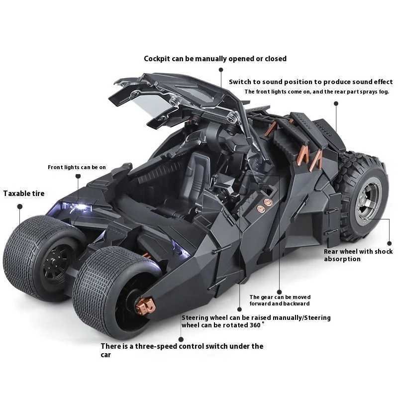 1 18 Batmobile Tumbler Alloy Metal Car Diecast Toy Vehicle Car Model Sound Light Slide Spray Truck Toys For Kids Birthday GiftXJ241221