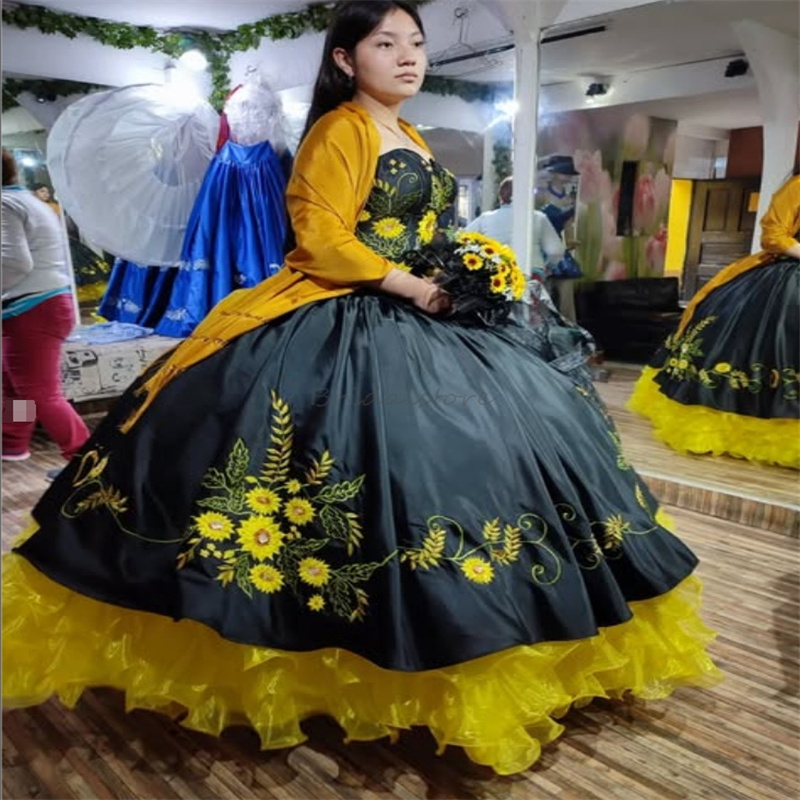 Black Quinceanera Dress Mexican Theme Charro Embroidery Flower Birthday Party Gown With BowVestidos De 15 Anos Xv Debutante Halloween Cosplay Sweet 16