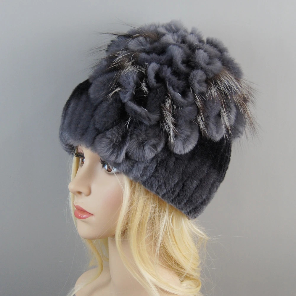 Women Fur Hat For Winter Handmade Natural Rex Rabbit Fox Fur Cap Russian Female Fur Headgear Warm Beanies Cap 241214