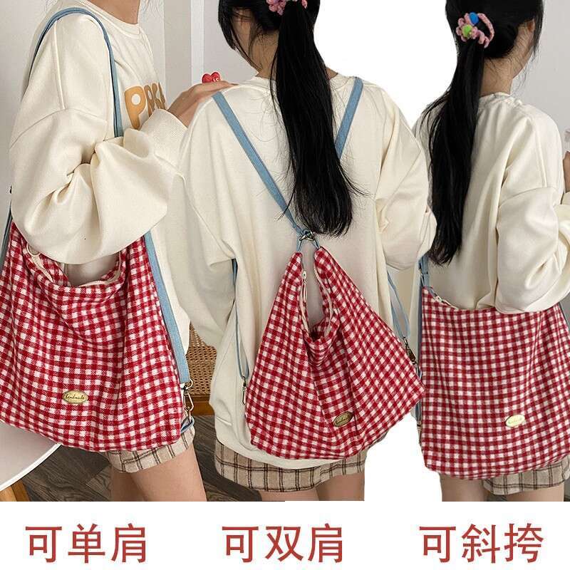 Design a red checkered multifunctional single shoulder for women, versatile and large capacity backpack, adjustable crossbody bag