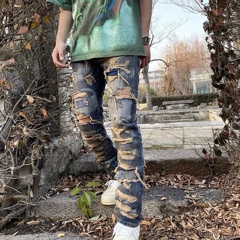 High Street Hole Distressed Ripped Straight Baggy Jeans for Men Washed Patchwork Casual Cargo Pants Oversized Denim Trousers 241218