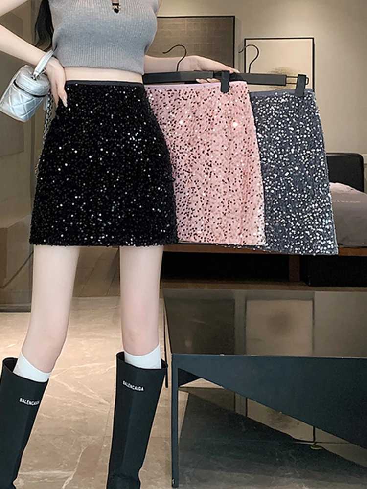 Womens New 2024 Summer Sexy Casual High Waisted Slim A-line Buttock Short Skirt Womens Design Silver Sparkling Glitter SequinXJ241221