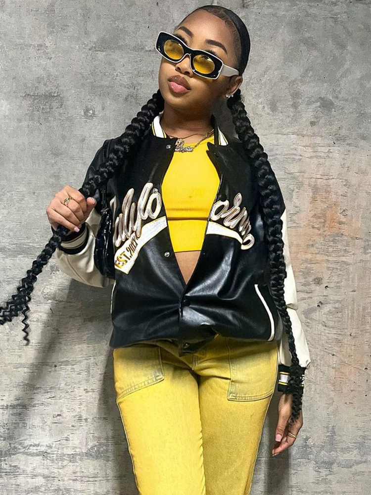 Sifreyr PU Leather Bomber Jacket Women Y2k Letter Long Sleeve Uniform Varsity Baseball Jackets Streetwear Oversized College Coat