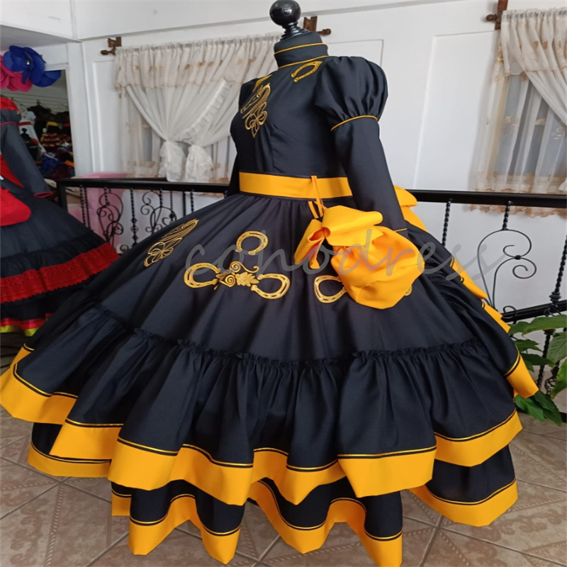 Mexican Black Quinceanera Dress Charro Embroidery Horse Long Sleeve Birthday Party Sweet 16 Vestidos De 15 Anos Xv Debutante Halloween Cosplay Costume