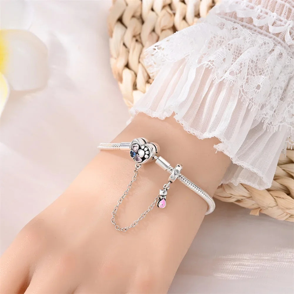 Cute 925 Sterling Silver Clover Love Cat Footprint Safety Chain Bracelet Womens Pet Party Jewelry Accessories 241214