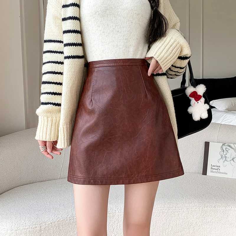 Ladies New Fashion PU Leather Mini Skirt Korean Style Autumn Winter High Waist A-line Leathers Skirts Women Casual Short SkirtsXJ241221