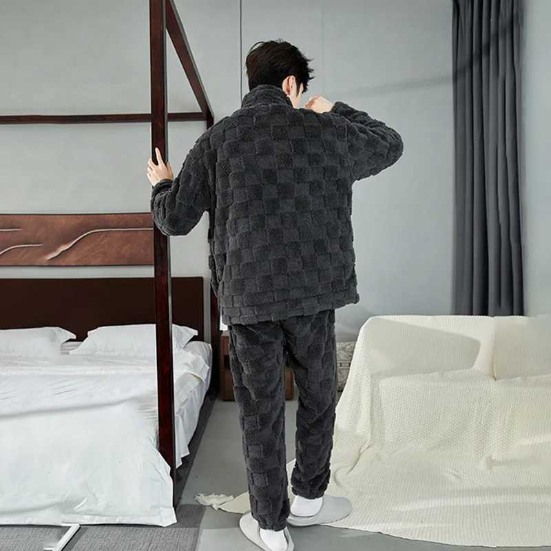 Autumn and winter long plush mens plain flannel sleepwear pants 2-piece home spun womens velvet thick sleepwear zipper Pj W241221