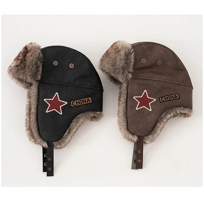 Lei Feng hat mens plush ear hat womens winter bicycle waterproof and windproof red star hat retro warm and cold hat 241220