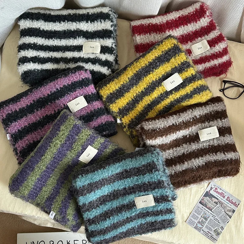 Korean Sle Striped Knitted Scarf Women Winter All-Match High-Grade Wool Warm Christmas and Year Gift 241220
