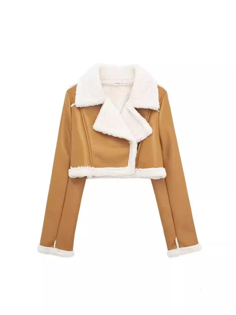 Women Double Faced Biker Jacket Faux Leather Warm Lambswool Thicken Tabbed Lapel Female Short Coat PU Outerwear 241216