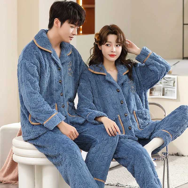 Large size 6Xl mens warm winter lovers pajamas evening gown flannel pajamas set thick pajamas long sleeves W241221