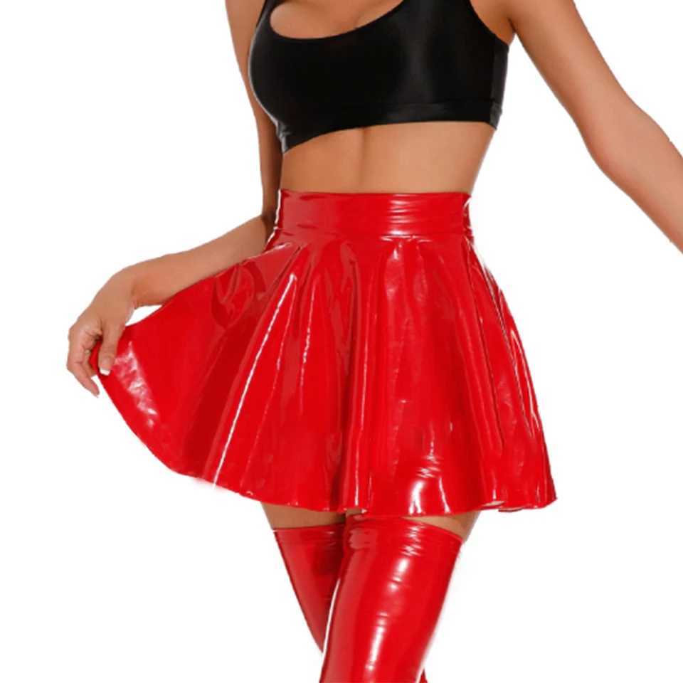 Womens Sexy Wet Look PVC Lacquer Leather Pleated High Waisted Skirt Short Dance Party Clubwear Lingerie Nightclub Fe SkirtsXJ241221