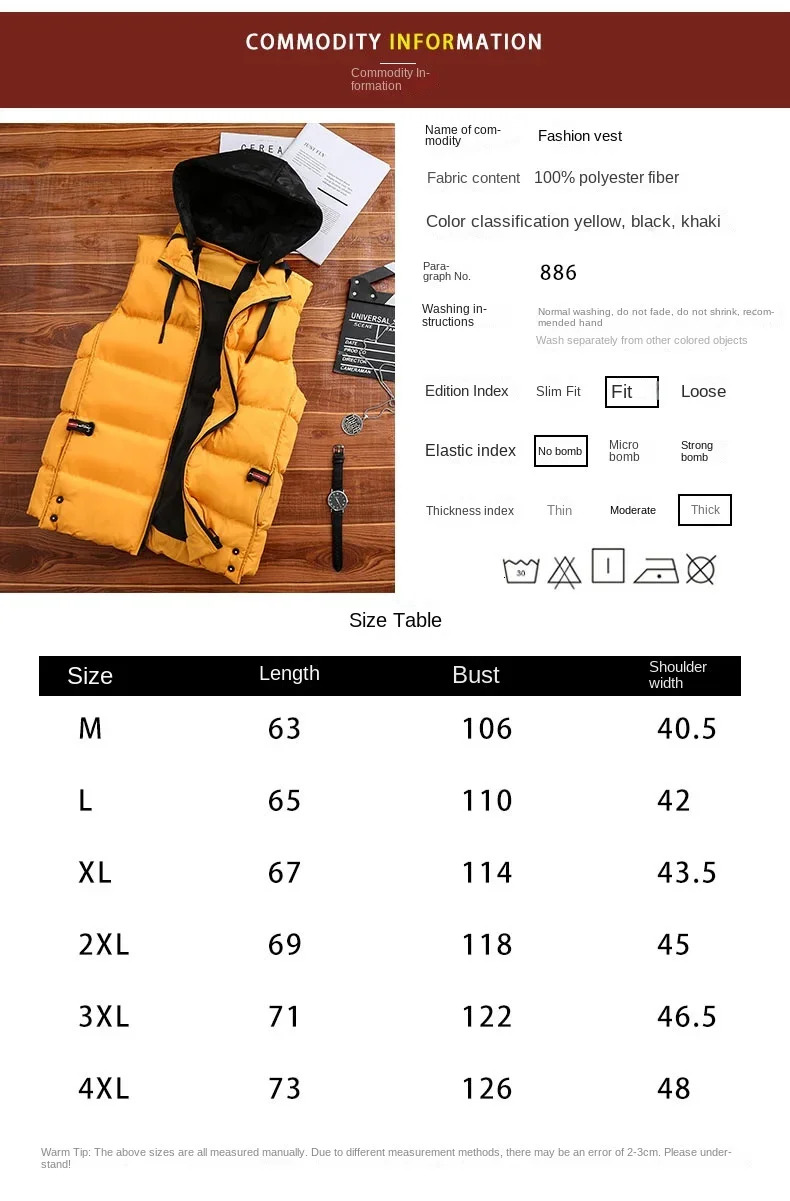 New Winter Men's Fashion Casual Thickened Warm Sleeveless Padded Jacket High Quality Detachable Hooded Down Cotton Vest