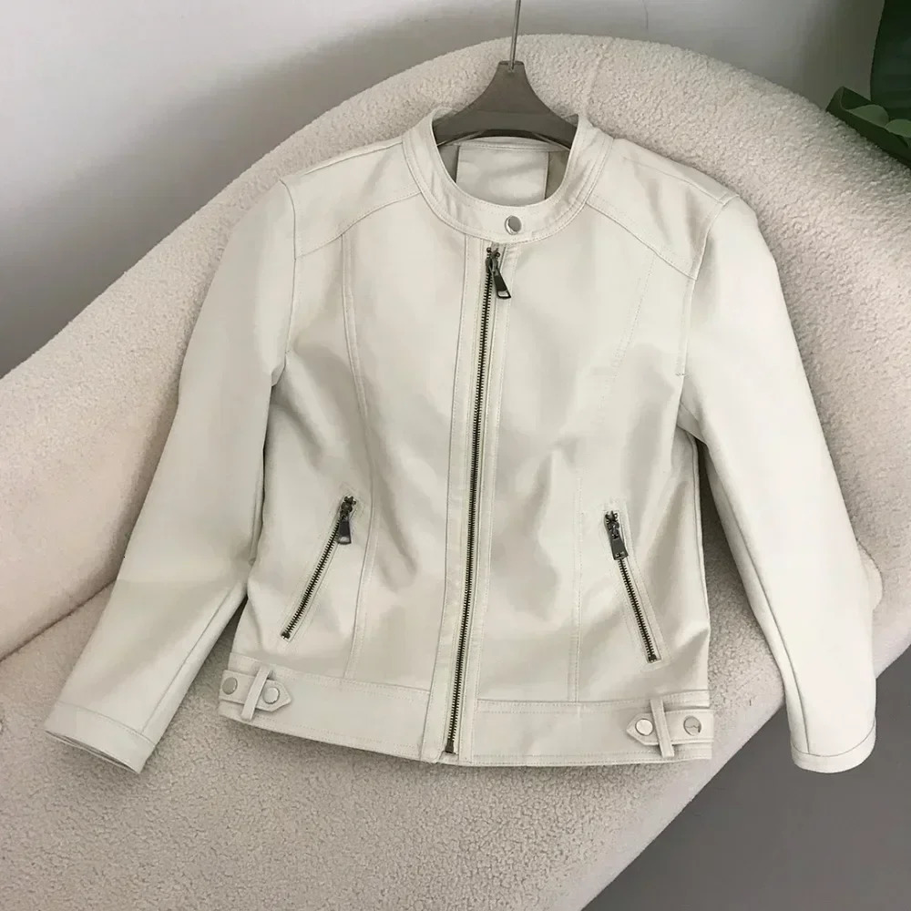 Faux Leather Jacket Women PU Spring Autumn Style Round Neck Casual Fashion Versatile Trendy Motorcycle 241216
