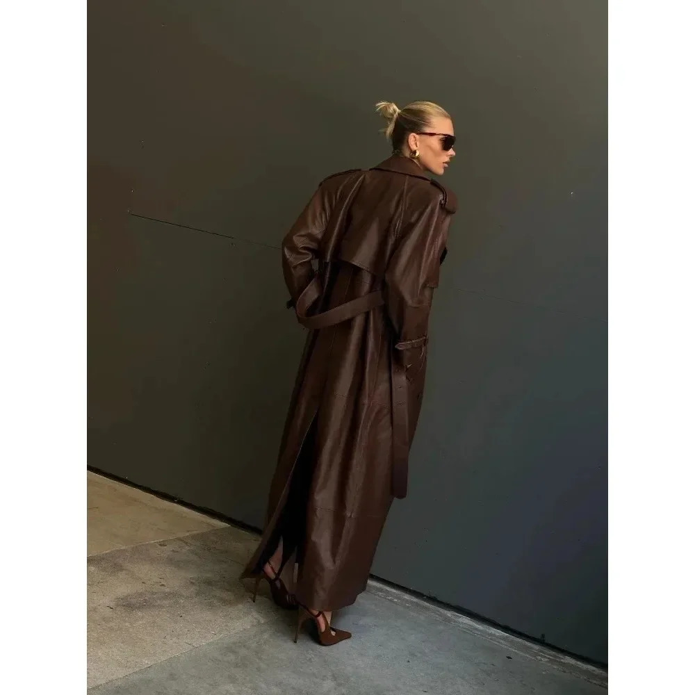 Women Fashion with Belt Long Style Single Breasted Faux Leather Coat Vintage Sleeve Pockets Female Outerwear 241216