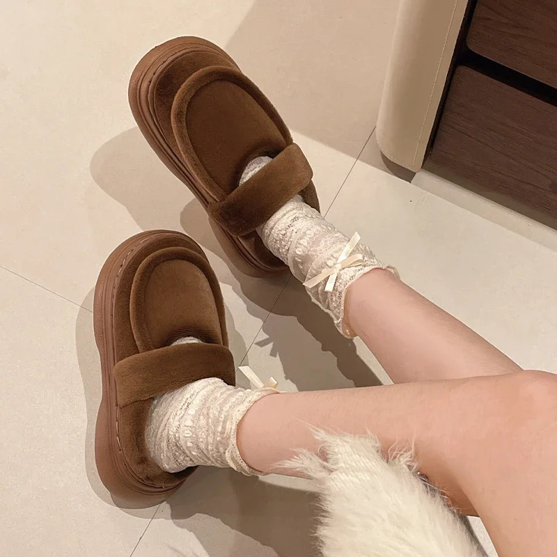 Platform Flats Fur Home Cotton Slip Womens Mule Shoes 2025 Trend Casual Flip Winter Fashion Snow Botas Mujer 241213