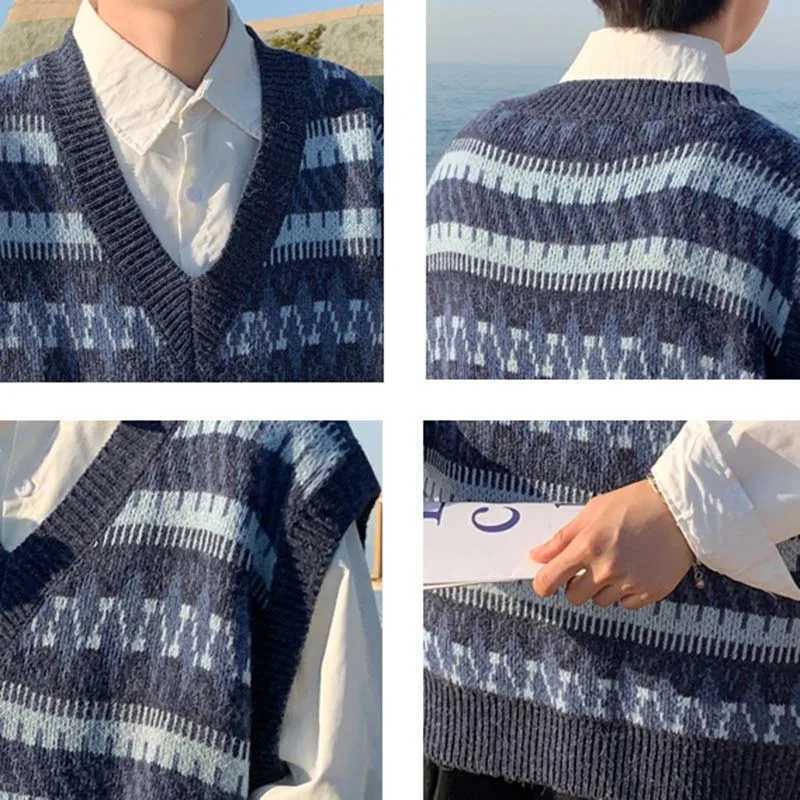 Men Sweater Vest Vintage Preppy Style Sleeveless Clothing Knitted V-neck Loose Jacquard Jumpers Harajuku Warm Outwear Autumn InsXJ241221