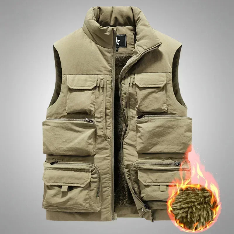 Men's New Keep Warm Fleece Work Slim Fit Windbreaker Fashion Many Pocket Jacket Men Winter Sleeveless Jackets