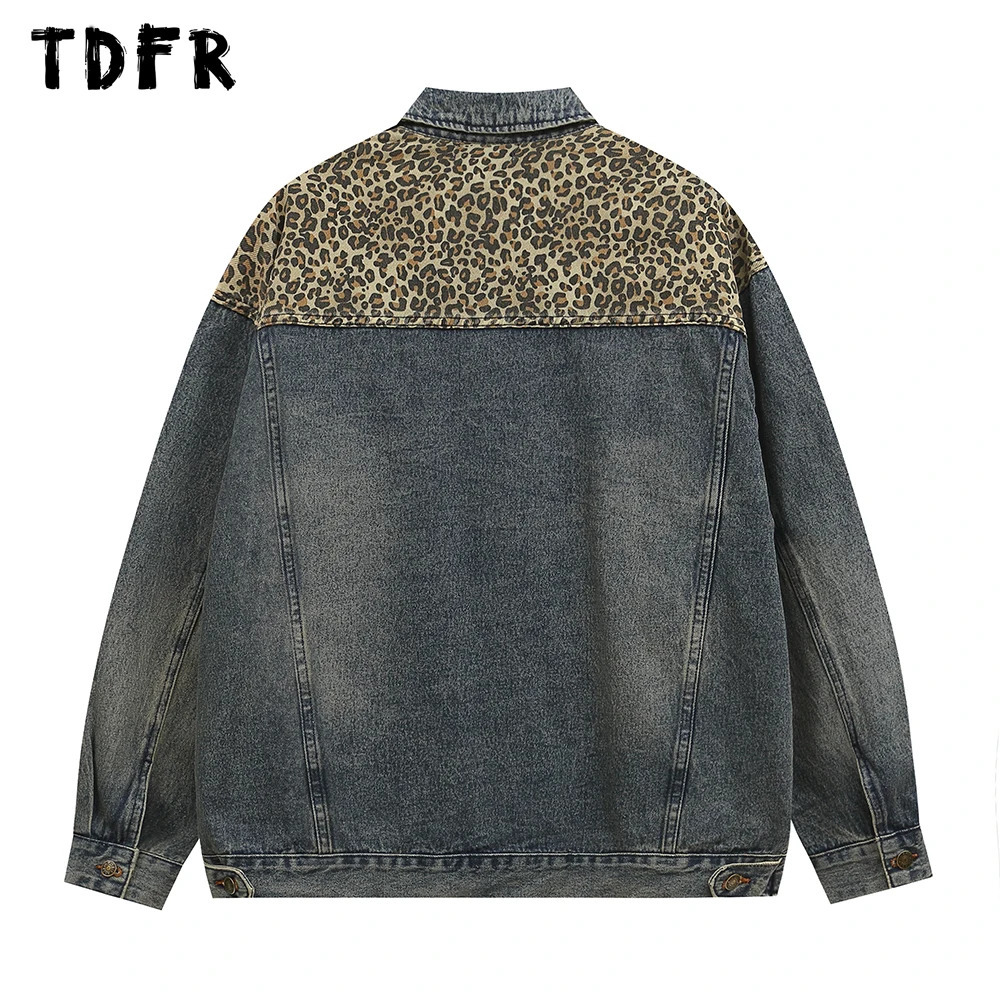 Leopard Print Spliced Denim Jacket Mens Retro Casual Streetwear Autumn Single Breasted Loose Lapel Long Sleeve Jeans Jacket Men 241217