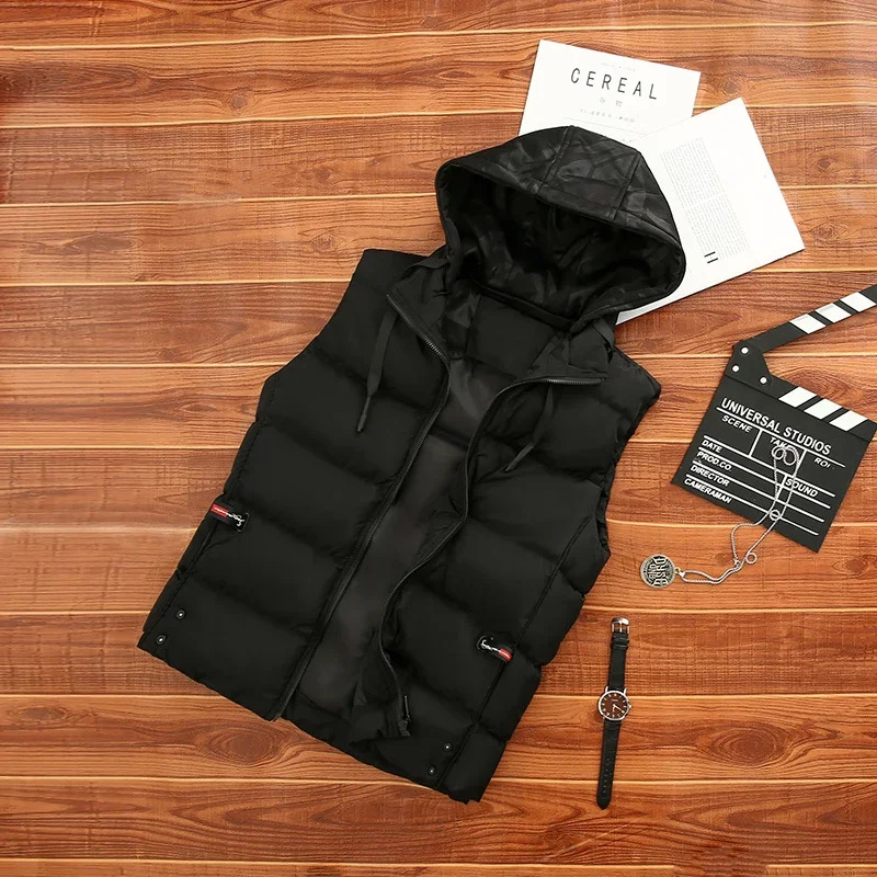 New Winter Men's Fashion Casual Thickened Warm Sleeveless Padded Jacket High Quality Detachable Hooded Down Cotton Vest